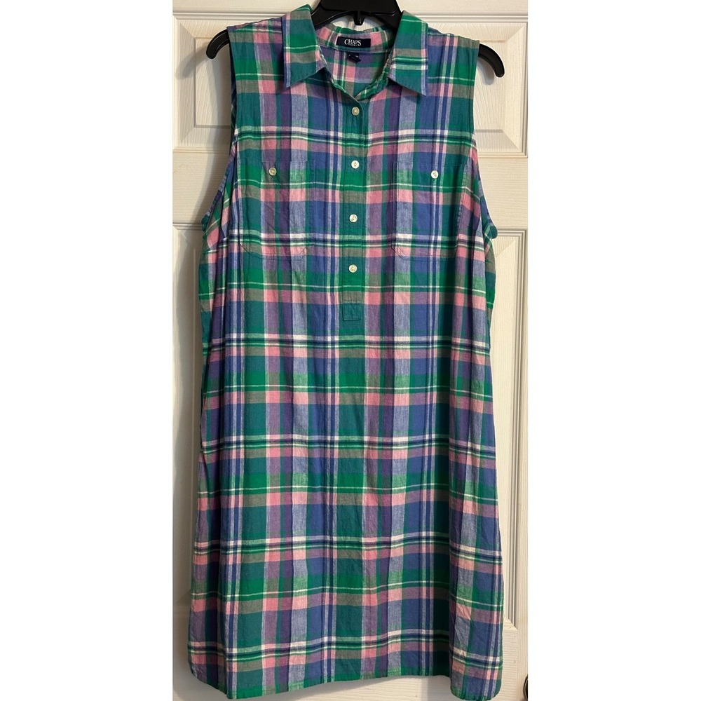 Chaps Denim Womens 2X Plaid Sleeveless Shirt Dress Green Blue Pink Cotton Blend
